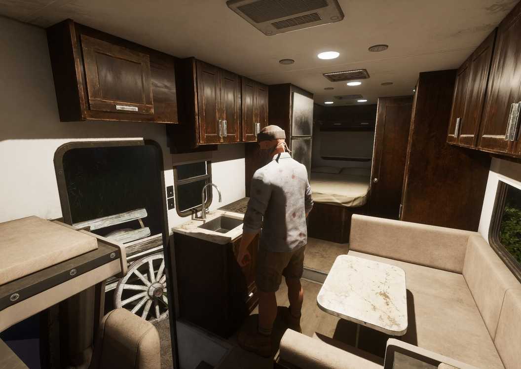 Pemain Ardem di dalam RV, menunjukkan elemen eksplorasi game survival