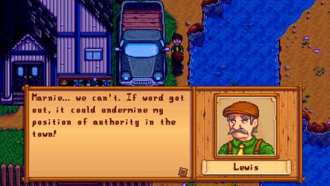 Lewis tells Marnie he doesn't want to tell the town about their relationship in Stardew Valley