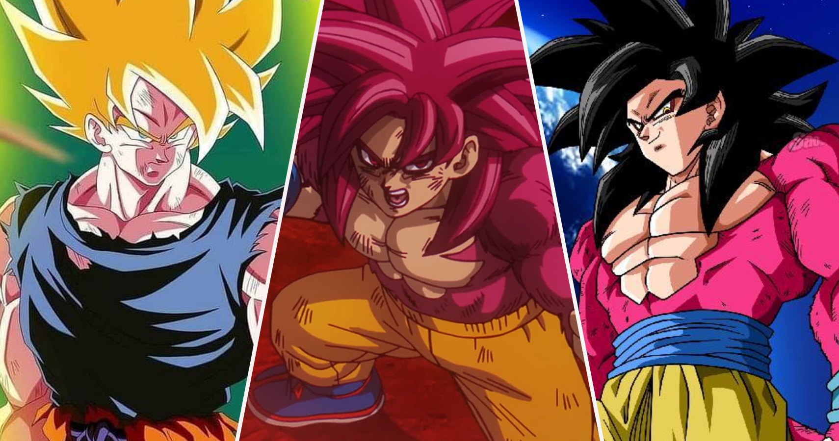 Super Saiyan 1 Goku in Dragon Ball Z, Super Saiyan 4 Goku in Dragon Ball DAIMA, and Super Saiyan 4 Goku in Dragon Ball GT