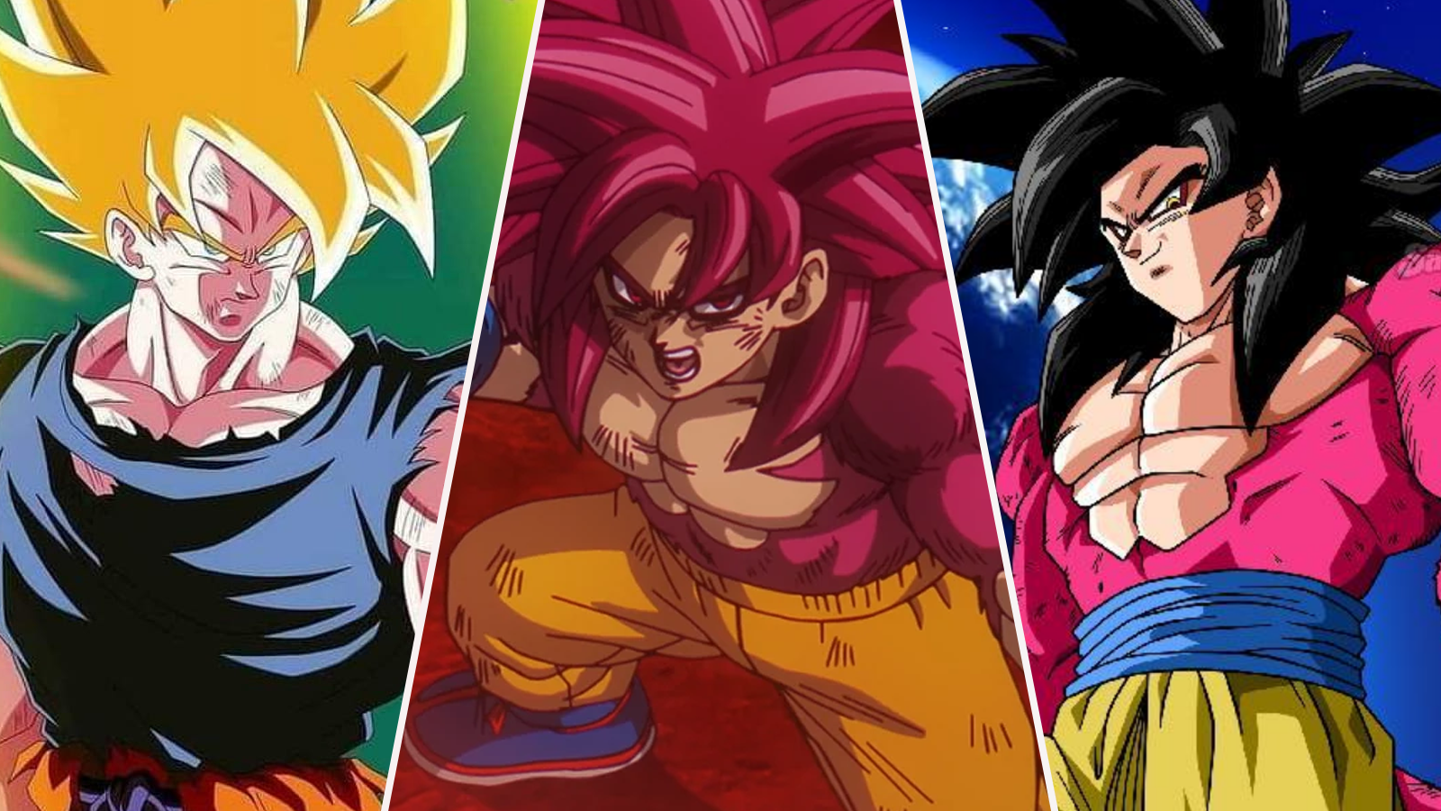 Super Saiyan 1 Goku in Dragon Ball Z, Super Saiyan 4 Goku in Dragon Ball DAIMA, and Super Saiyan 4 Goku in Dragon Ball GT