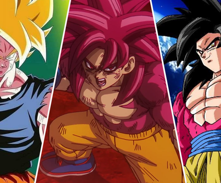 Super Saiyan 1 Goku in Dragon Ball Z, Super Saiyan 4 Goku in Dragon Ball DAIMA, and Super Saiyan 4 Goku in Dragon Ball GT