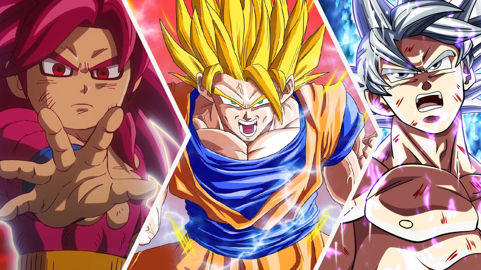 Super Saiyan 4 Mini Goku, Super Saiyan 2 Goku, and Mastered Ultra Instinct Goku