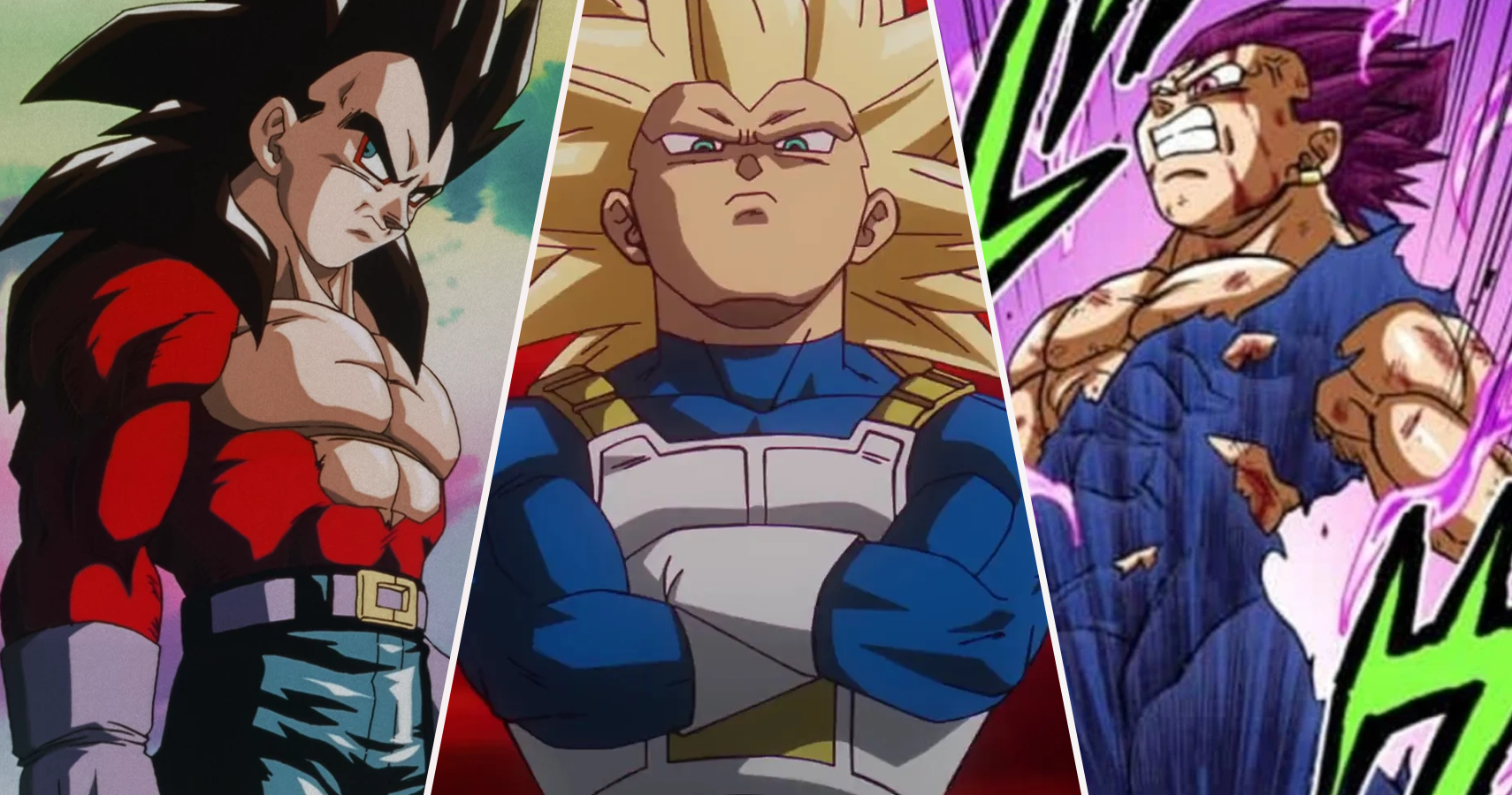 Super Saiyan 4 Vegeta in Dragon Ball GT, Super Saiyan 3 Vegeta in Dragon Ball DAIMA, and Ultra Ego Vegeta in Dragon Ball Super