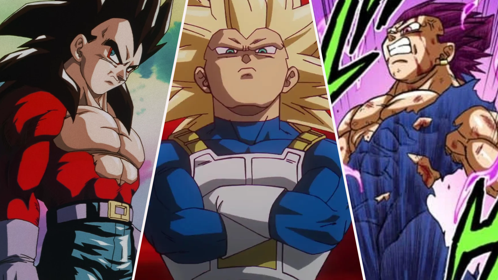 Super Saiyan 4 Vegeta in Dragon Ball GT, Super Saiyan 3 Vegeta in Dragon Ball DAIMA, and Ultra Ego Vegeta in Dragon Ball Super