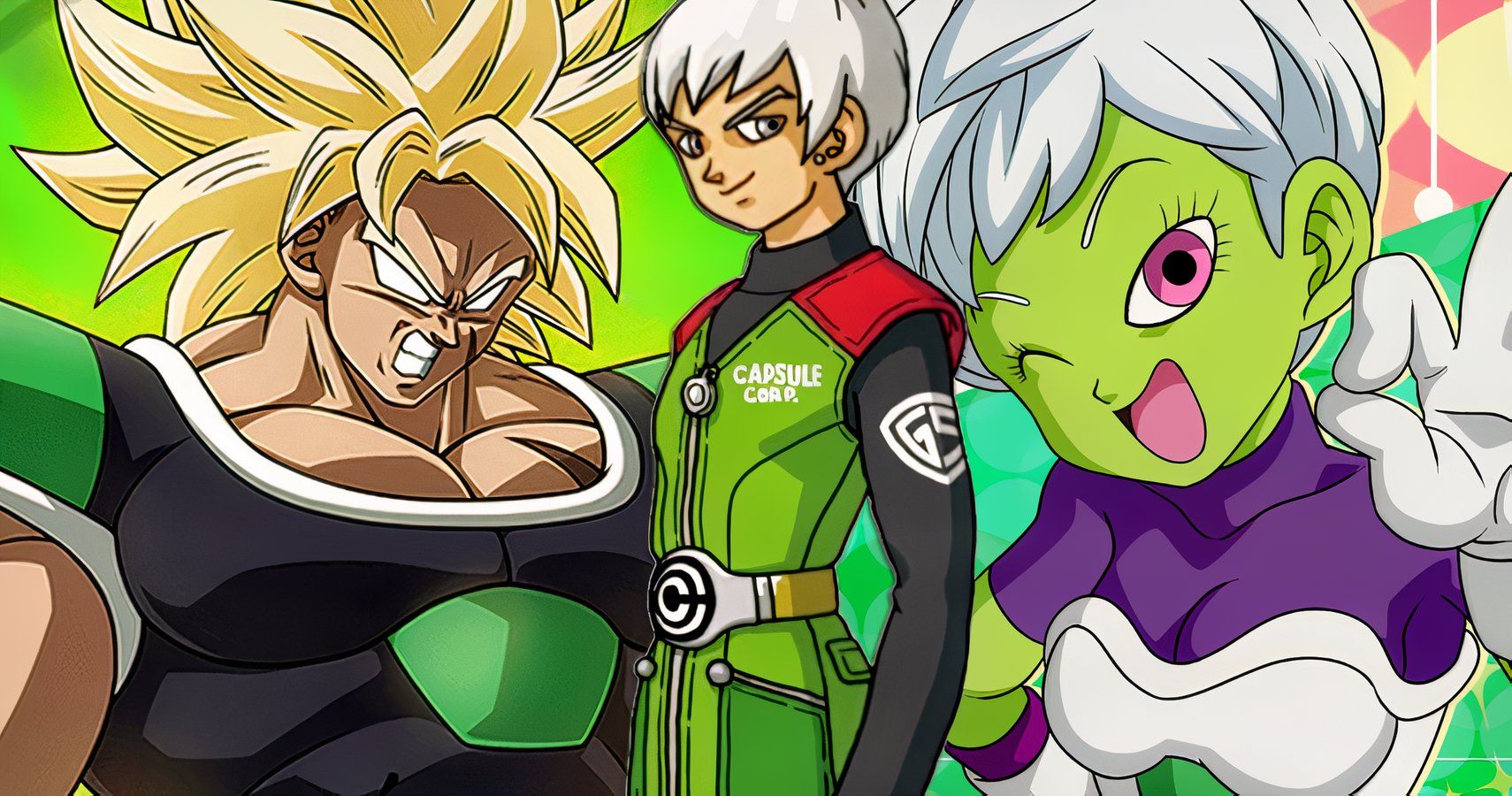 Super Saiyan Broly, Dragon Ball Age 1000 main character, and Cheelai from Dragon Ball Super