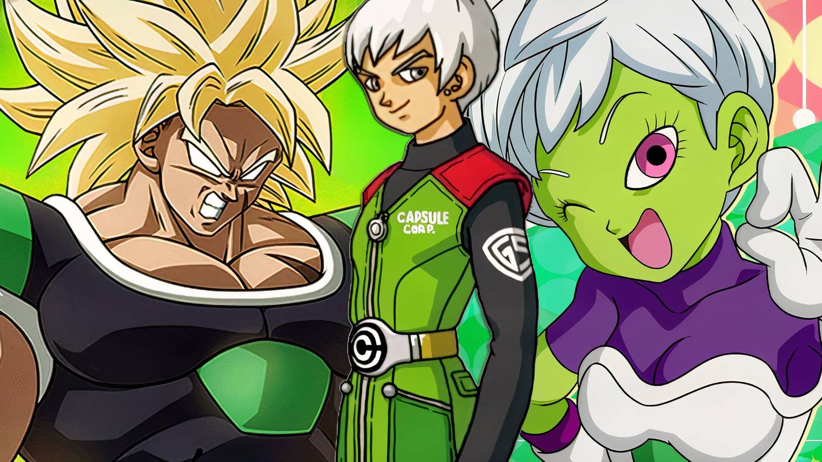Super Saiyan Broly, Dragon Ball Age 1000 main character, and Cheelai from Dragon Ball Super
