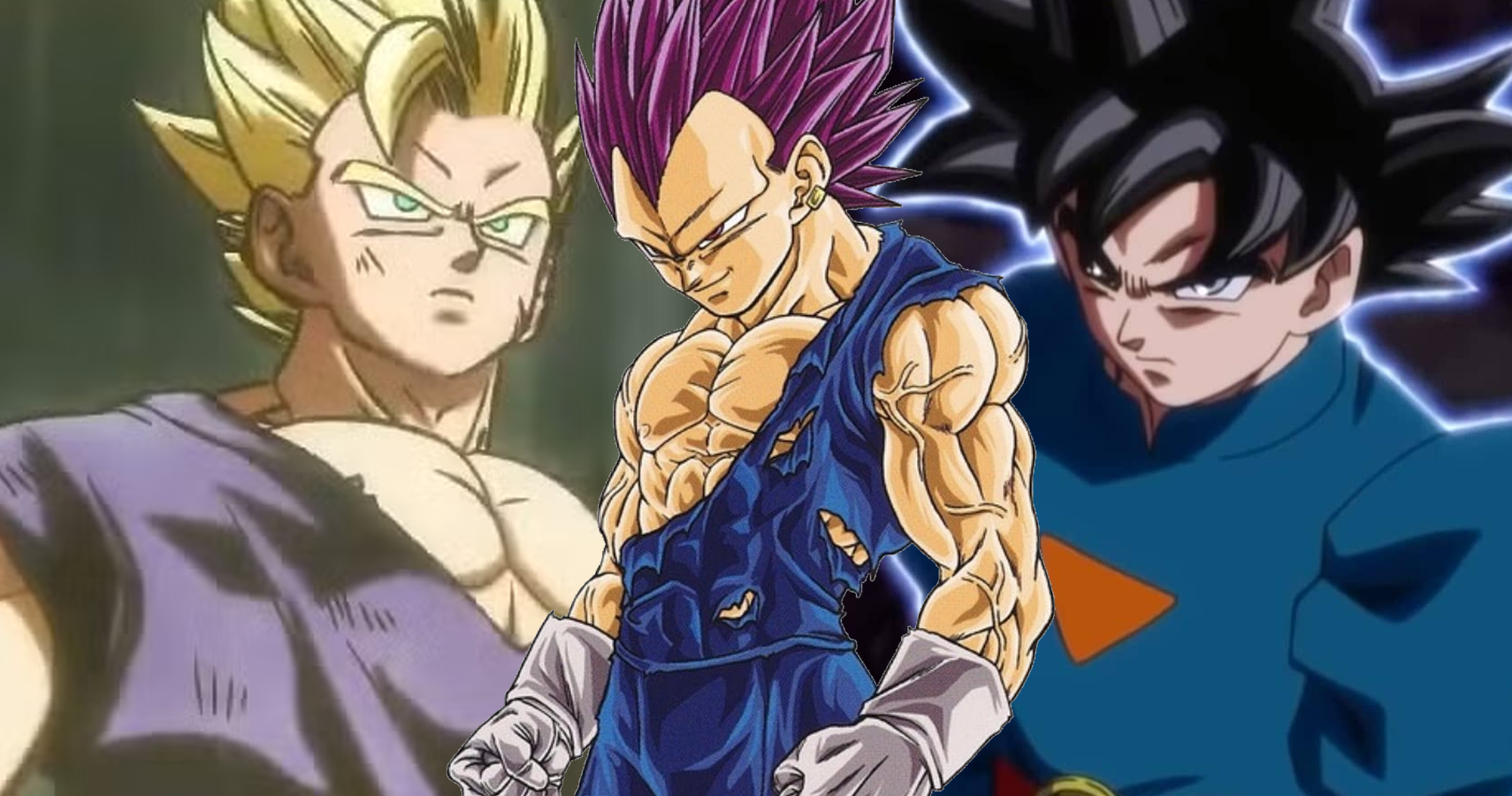 Super Saiyan Gohan, Ultra Ego Vegeta, and Ultra Instinct Grand Priest Goku