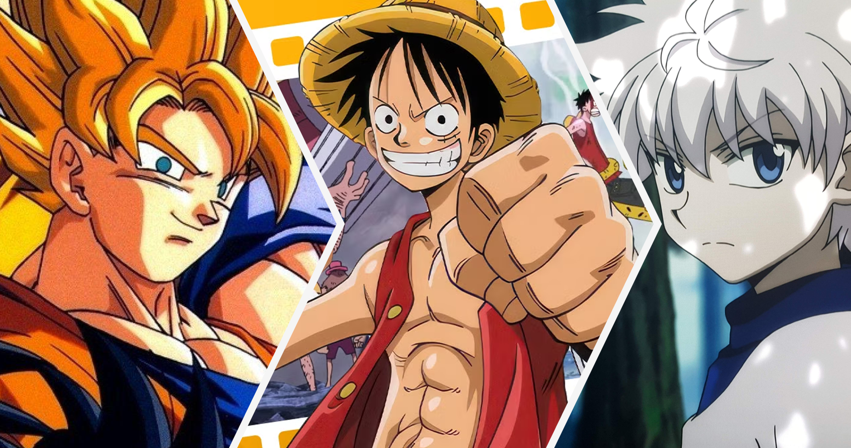 Super Saiyan Goku in DBZ, Luffy in One Piece, and Killua in Hunter X Hunter
