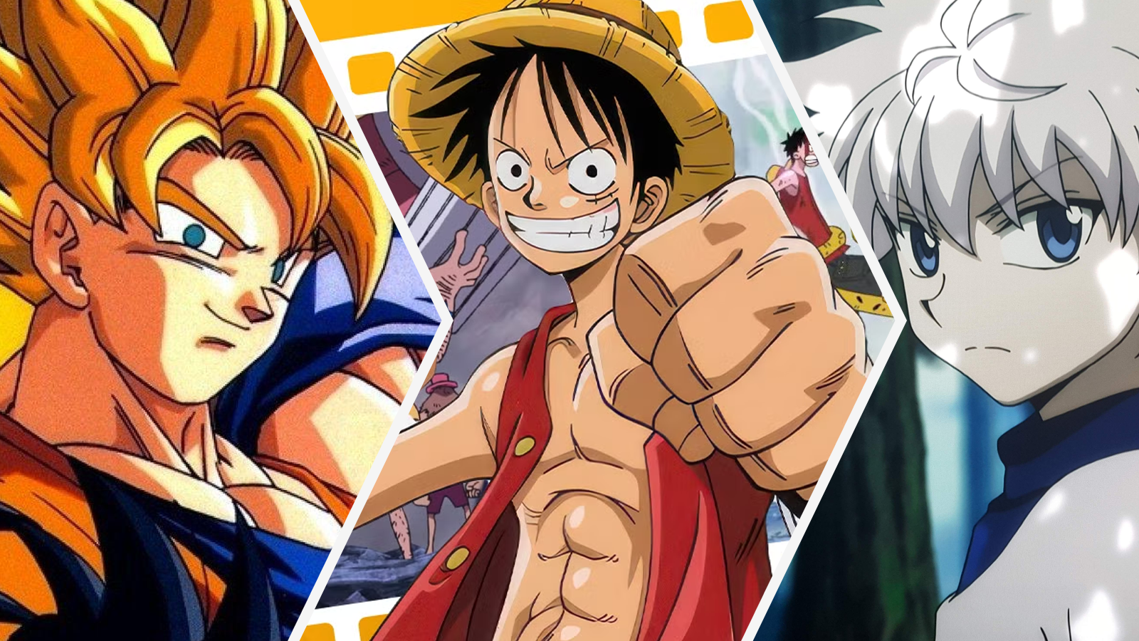 Super Saiyan Goku in DBZ, Luffy in One Piece, and Killua in Hunter X Hunter