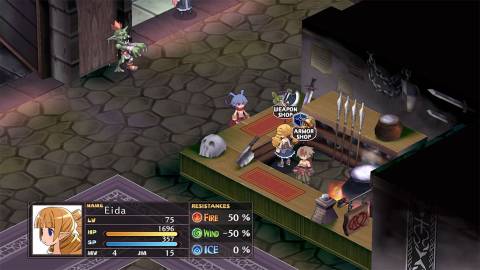 Talking to a shopkeeper in Disgaea 1 Complete (2018)