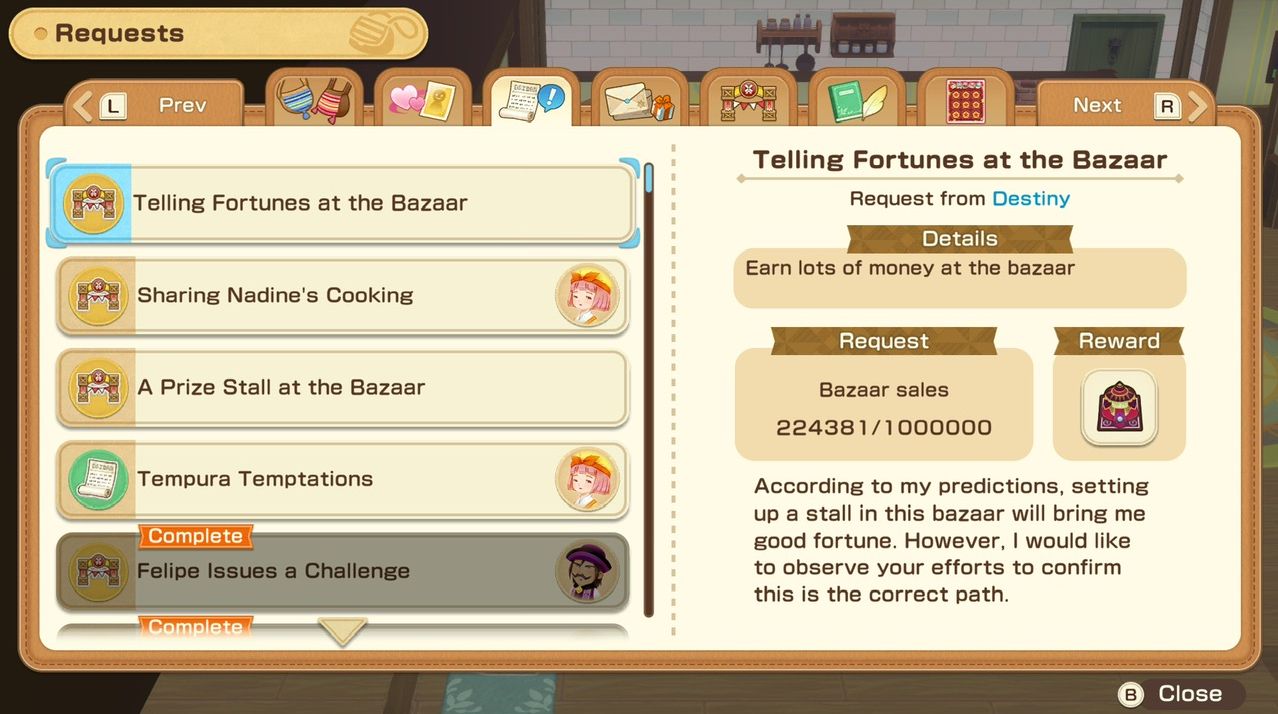 The requirements in the menu for Telling Fortunes at the Bazaar in Story of Seasons: Grand Bazaar