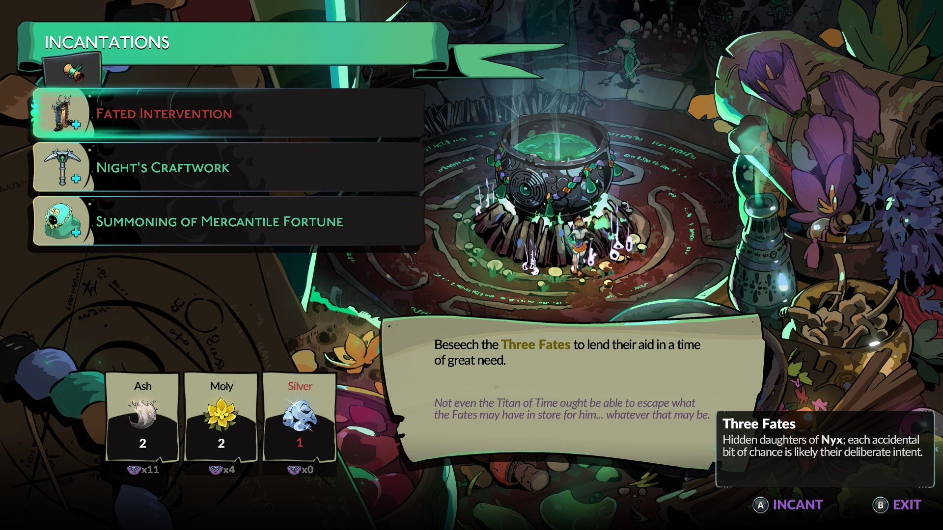 The incantation menu in Hades 2 (2025)