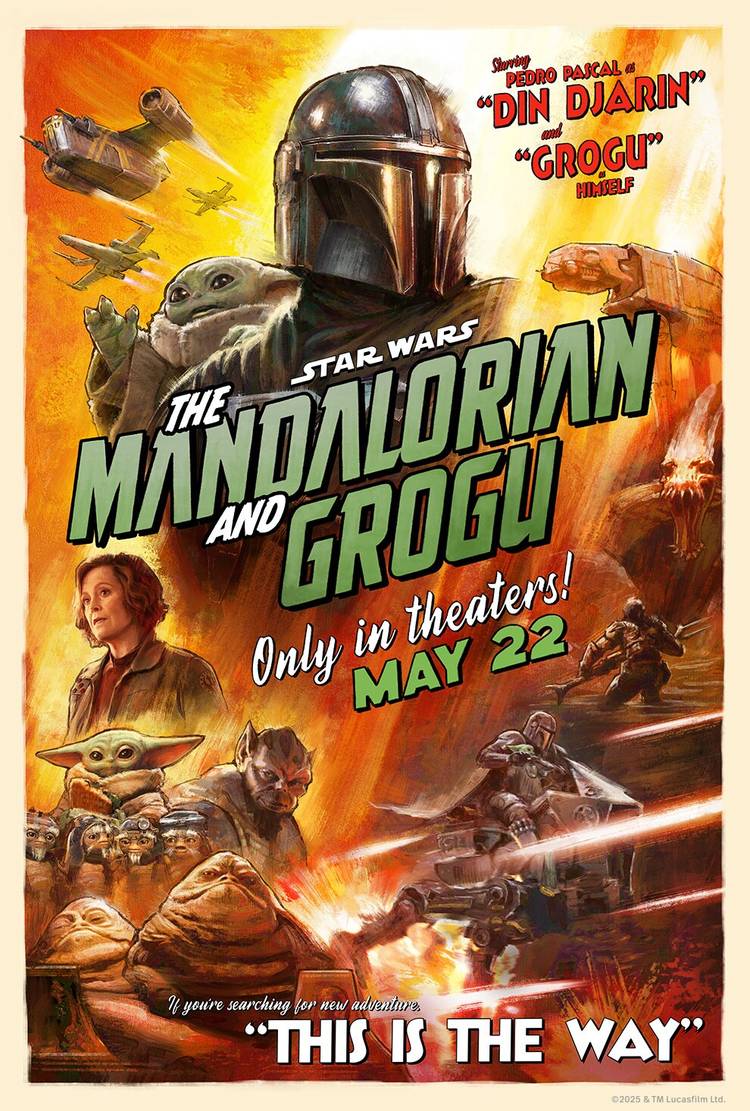 The Mandalorian and Grogu official poster shows the main cast and scenes from the movie.