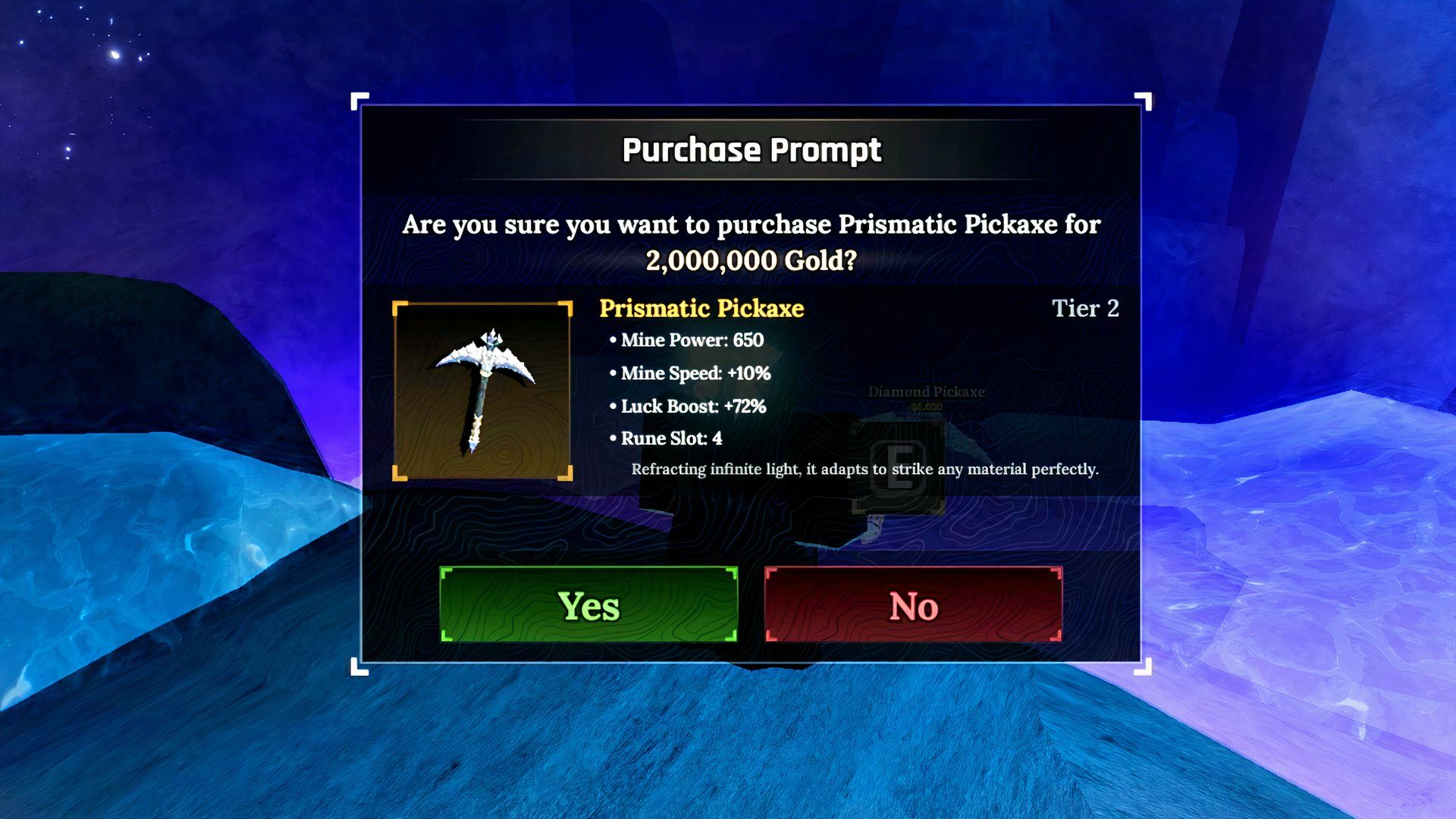the prismatic pickaxe cost and stats in the forge