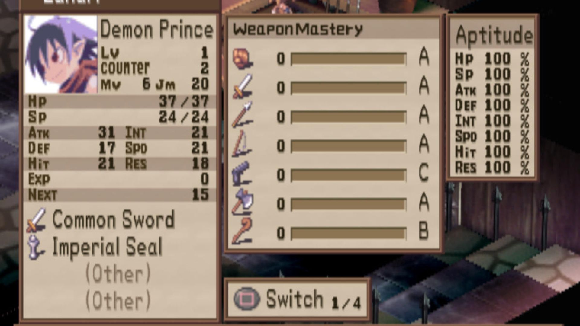 The weapon menu in Disgaea Hour Of Darkness (2003)