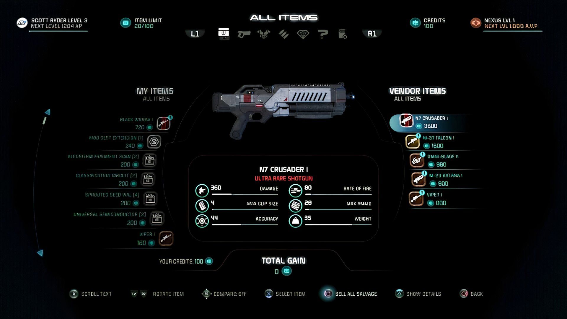 The weapon menu in Mass Effect Andromeda (2017)
