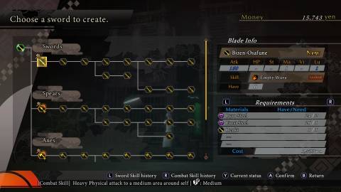 The weapon menu in Raidou Remastered The Mystery of the Soulless Army (2025)