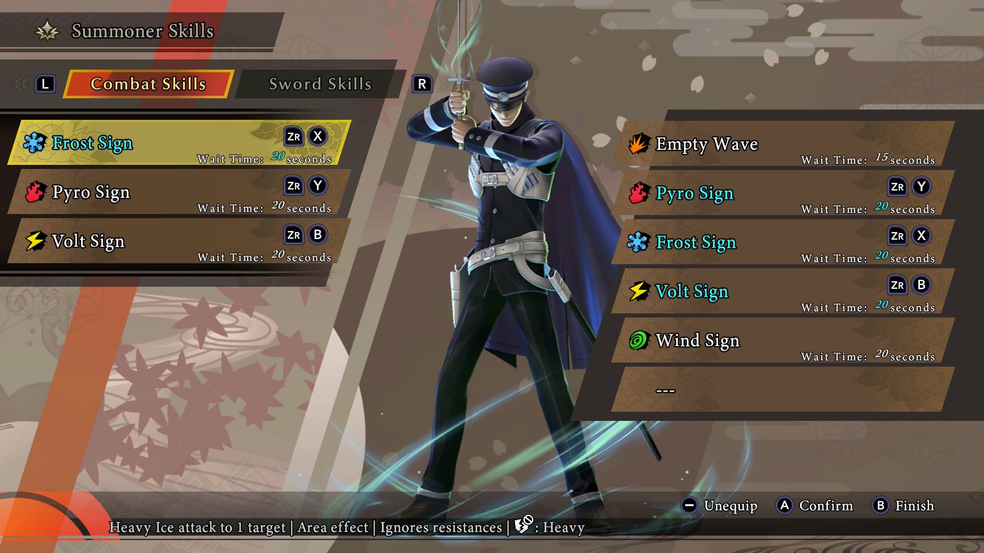 The weapon skill menu in Raidou Remastered The Mystery of the Soulless Army (2025)