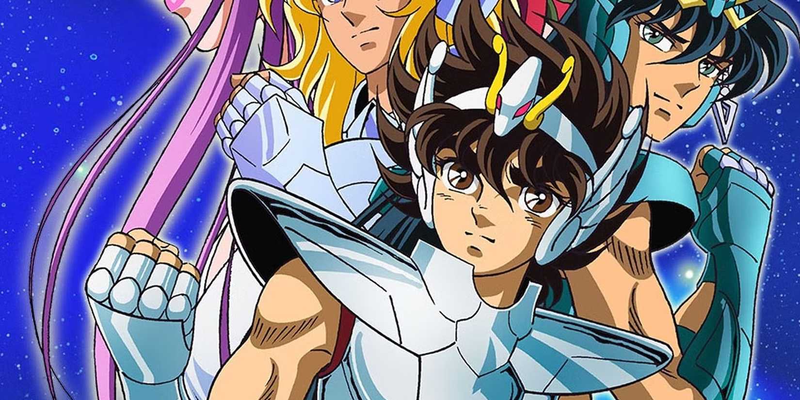 Three characters in Saint Seiya pose together.