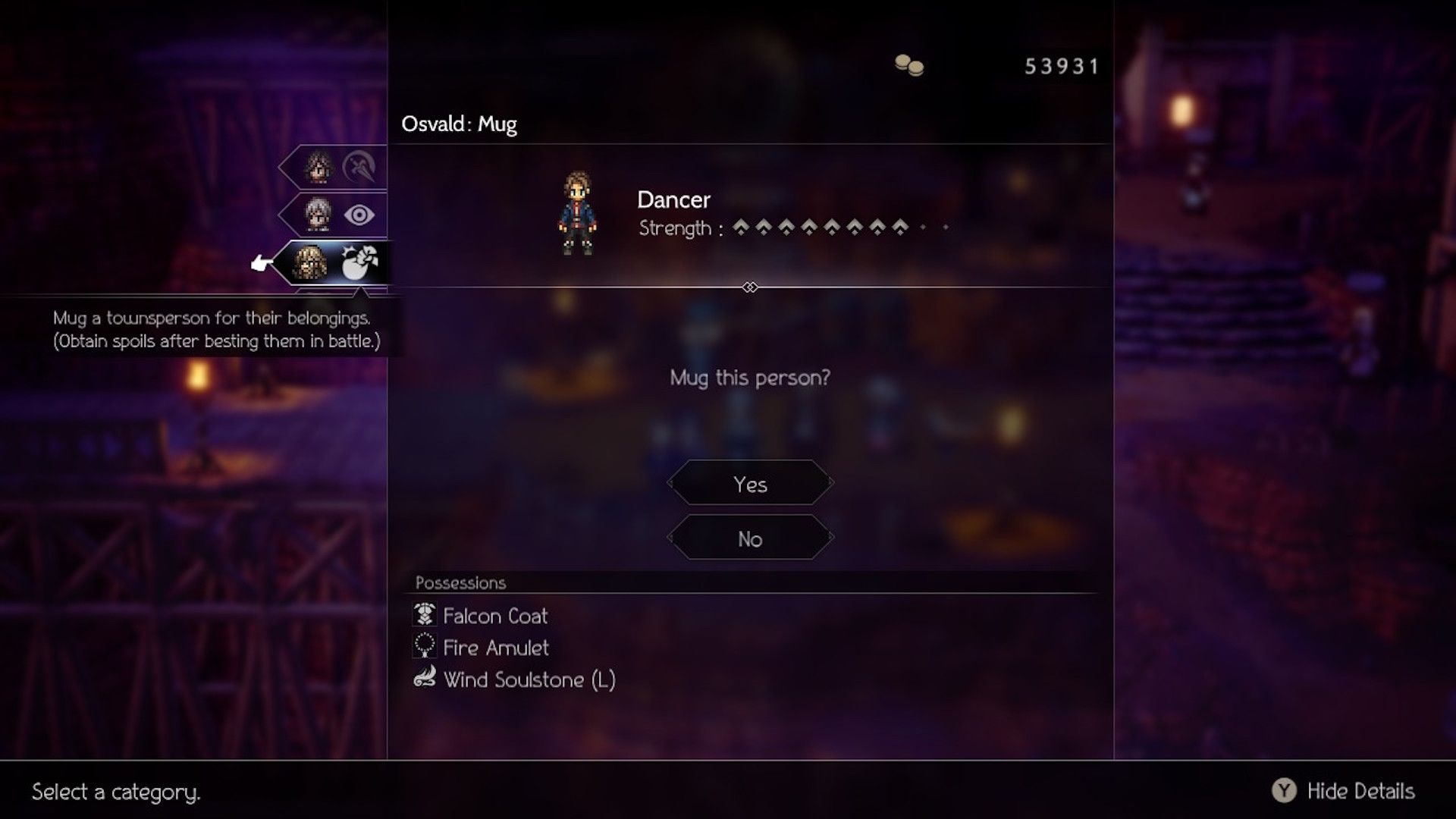 Trying to mug an NPC in Octopath Traveler 2 (2023)