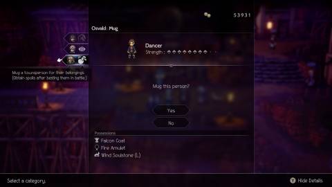 Trying to mug an NPC in Octopath Traveler 2 (2023)