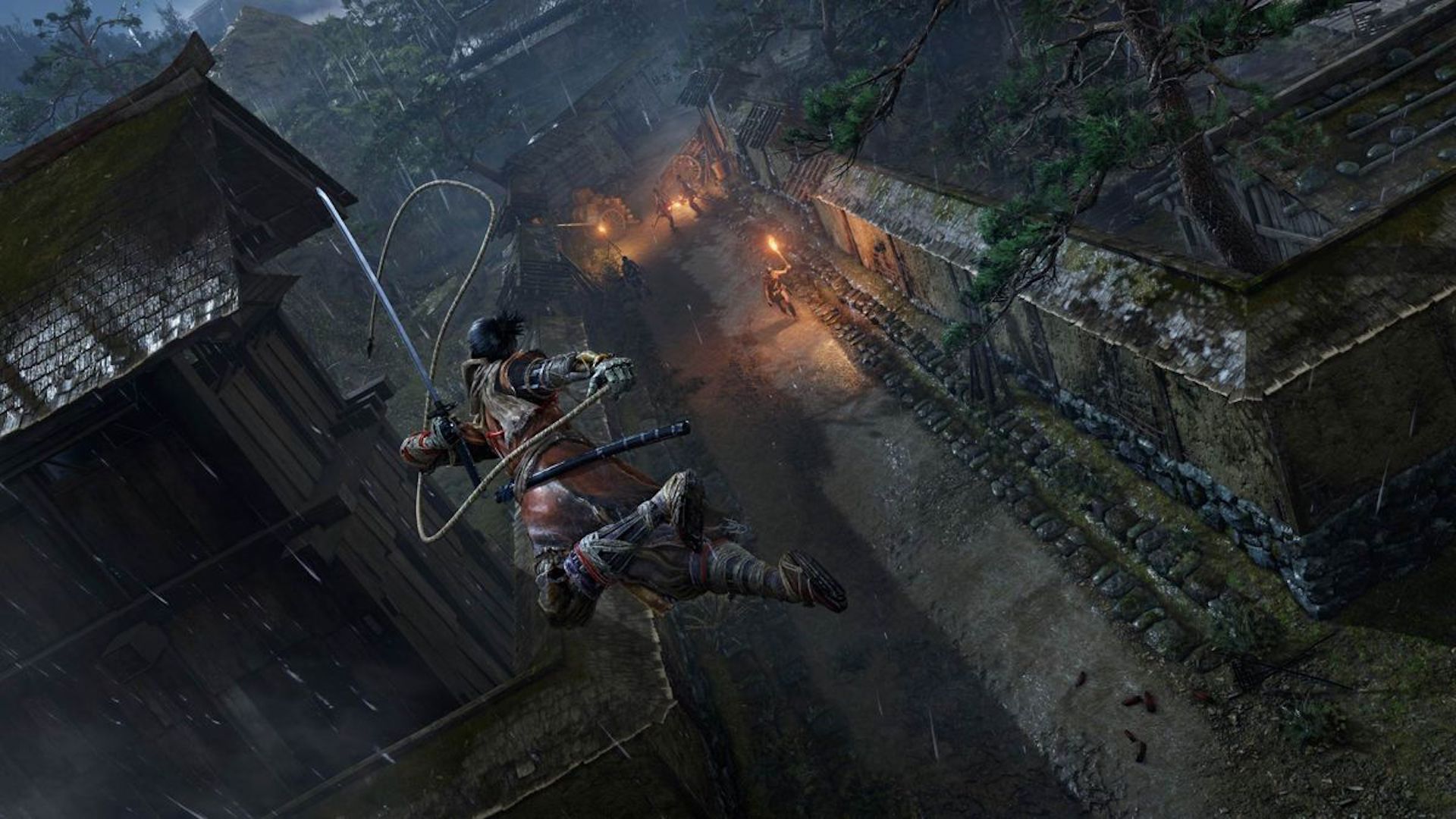 Using a grappling hook in Sekiro Shadows Die Twice (2019)