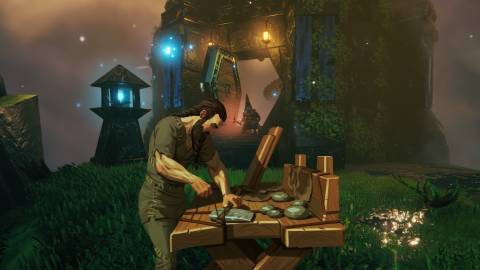 Valheim character crafting bench in front of tower building