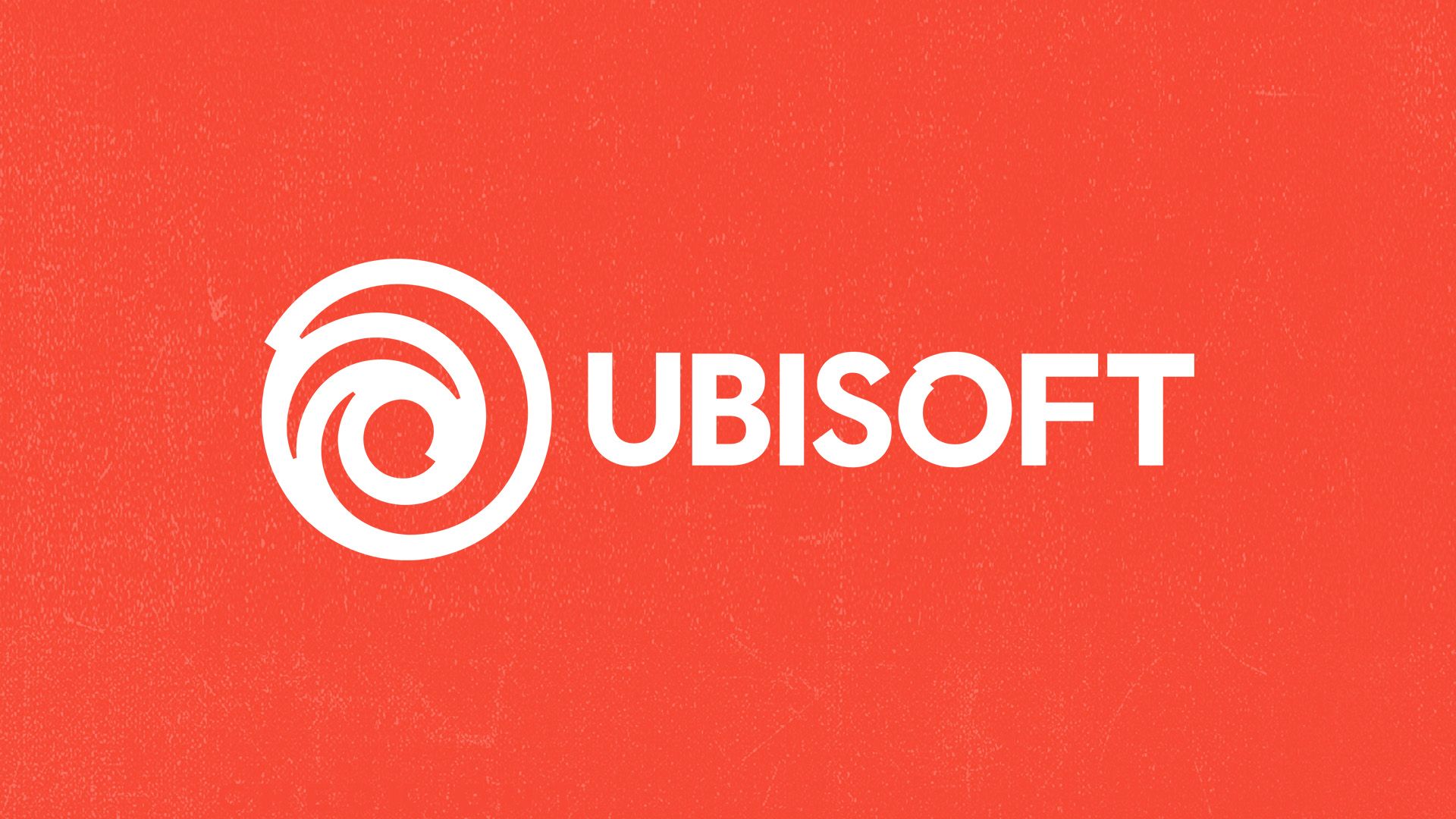 white Ubisoft logo on coral red background composite