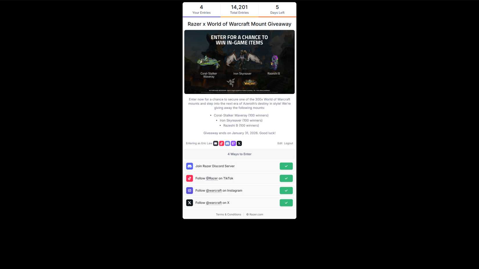 world of warcraft x razer giveaway sheet green checkmarks