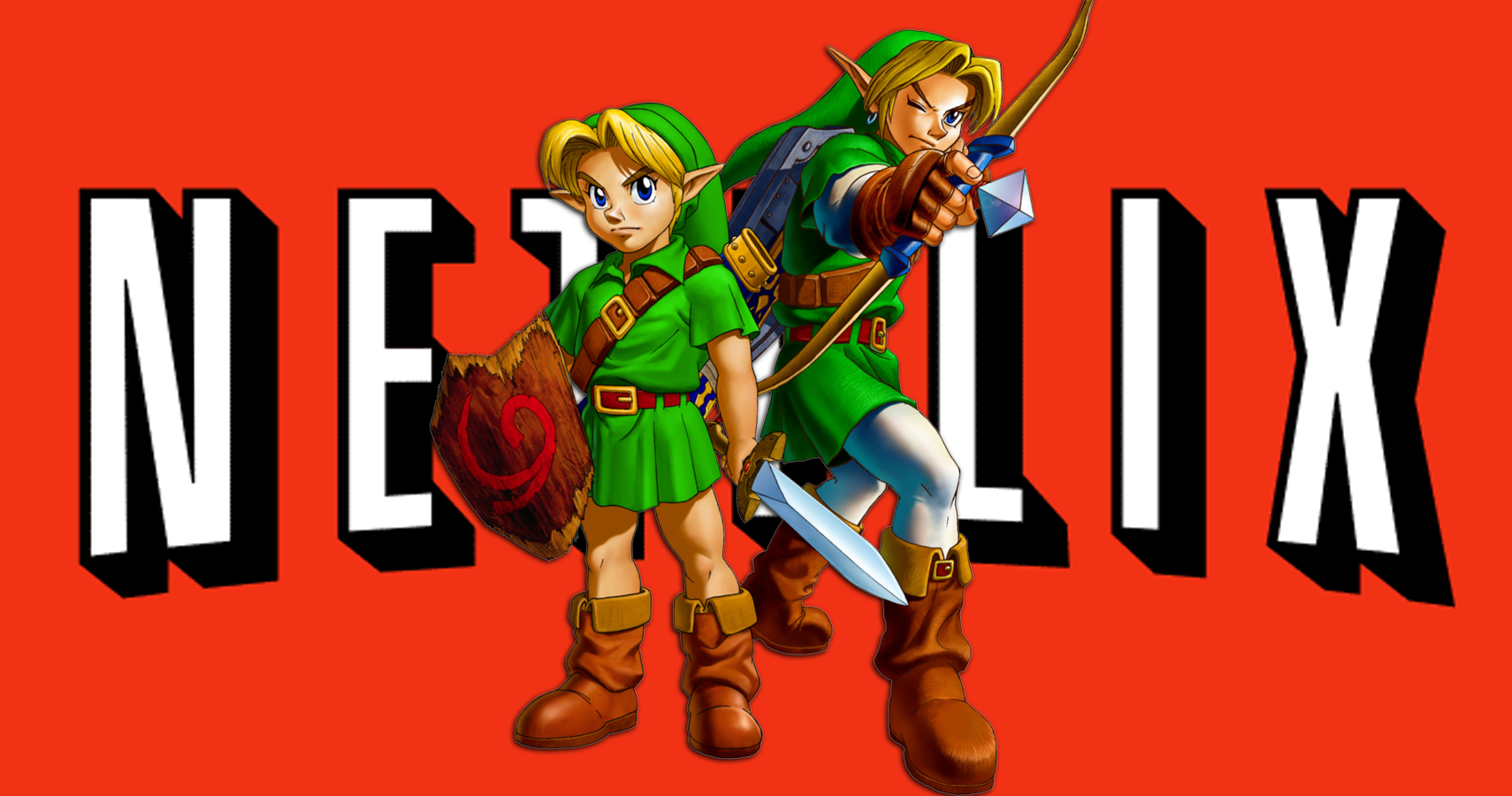 Young Link and Adult Link from Ocarina of time on top of a Netflix logo-1