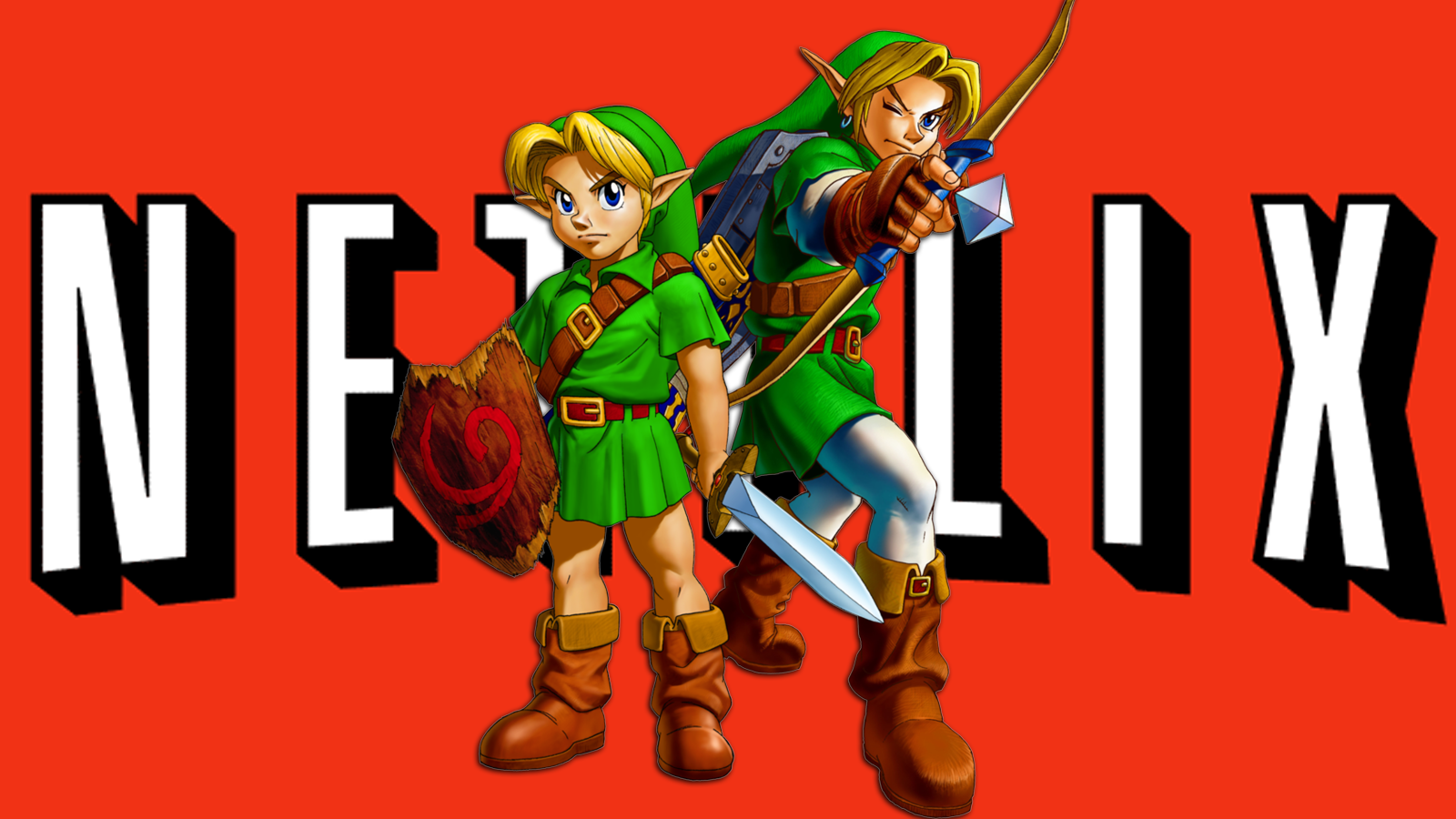 Young Link and Adult Link from Ocarina of time on top of a Netflix logo-1