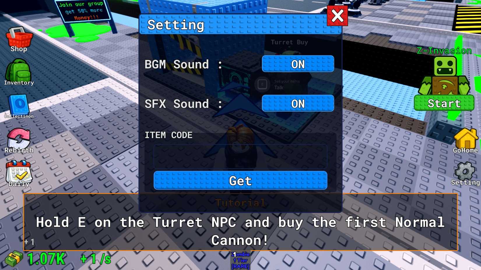 Zombie Merge Turret Defense the codes tab
