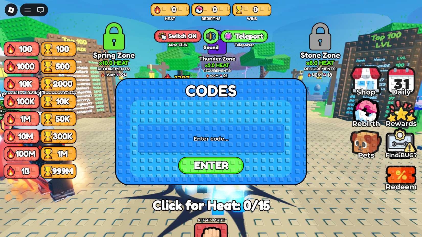 Unique Heat Code Pattern Roblox 1 Click = 1 Heat Codes