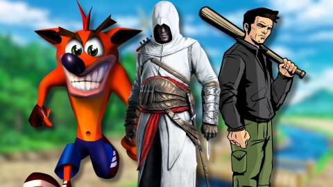 A collage of 3 characters from classic video games that shouldn't be replayed today: Crash Bandicoot, Altair from Assassin's Creed, and Claude from Grand Theft Auto 3.