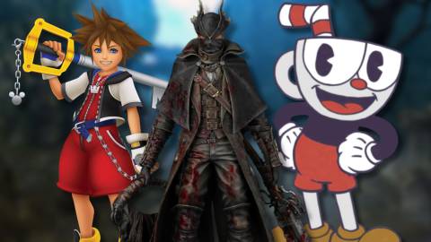 A collage of main characters from three games that are infamous for being hard: Sora (Kingdom Hearts), the Hunter (Bloodborne) and Cuphead.