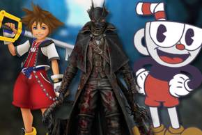 A collage of main characters from three games that are infamous for being hard: Sora (Kingdom Hearts), the Hunter (Bloodborne) and Cuphead.