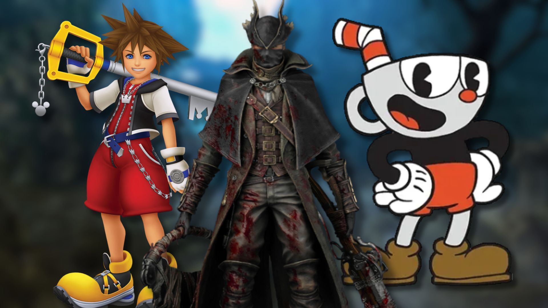 A collage of main characters from three games that are infamous for being hard: Sora (Kingdom Hearts), the Hunter (Bloodborne) and Cuphead.
