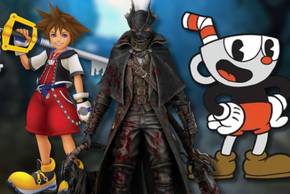 A collage of main characters from three games that are infamous for being hard: Sora (Kingdom Hearts), the Hunter (Bloodborne) and Cuphead.