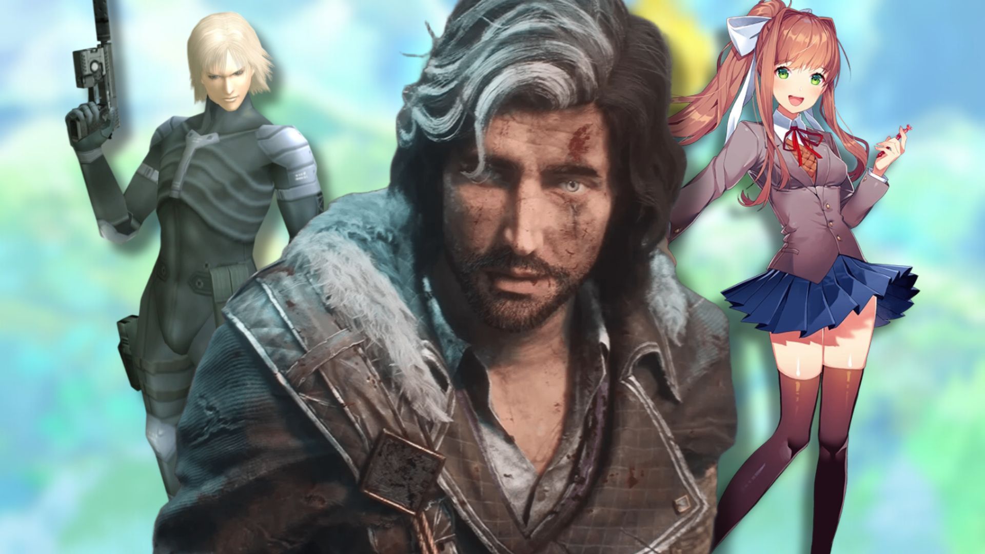 A collage of characters from games that betray player expectations: Raiden from Metal Gear Solid 2, Verso from Clair Obscur and Moncia from Doki Doki Literature Club.