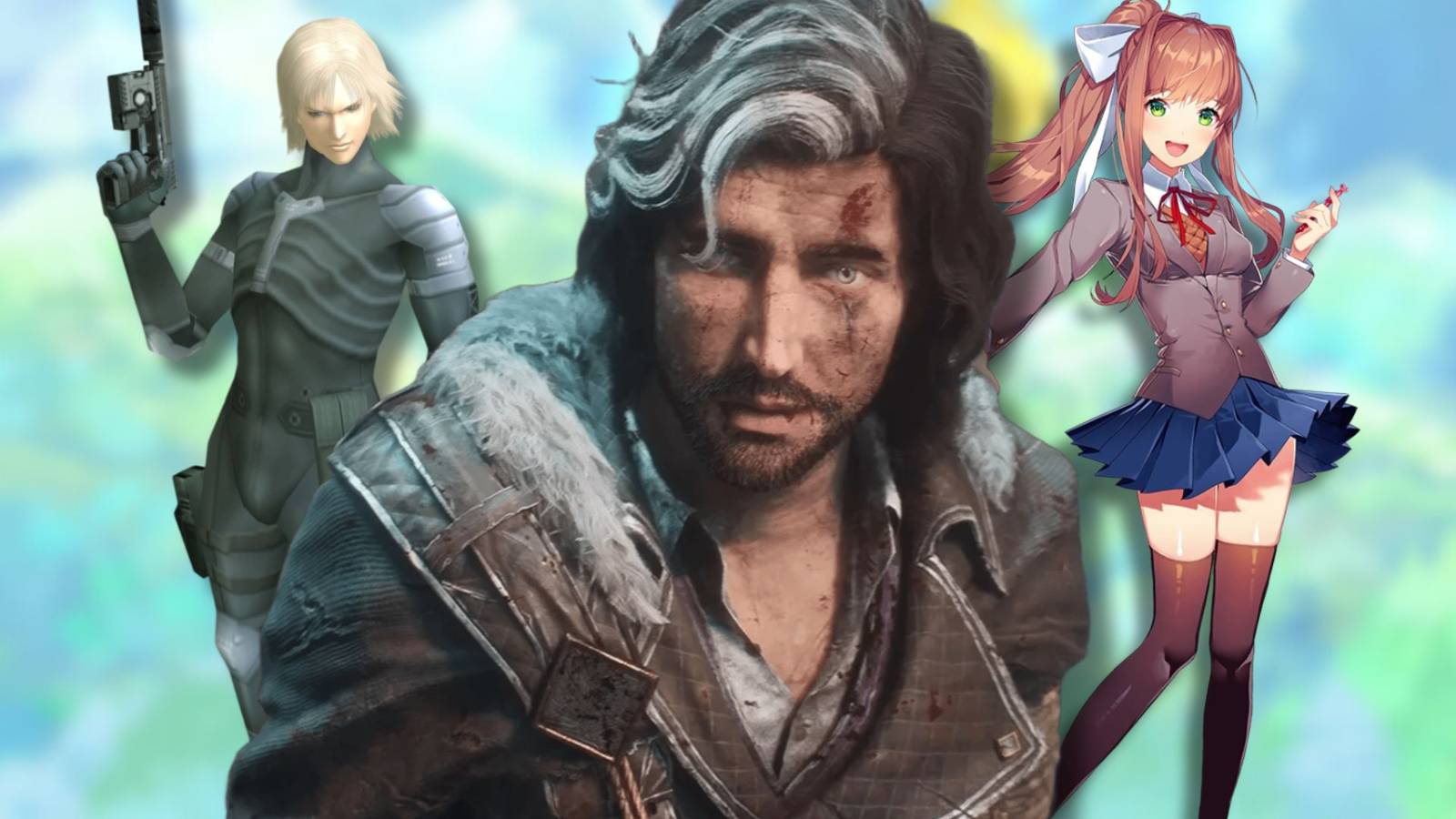 A collage of characters from games that betray player expectations: Raiden from Metal Gear Solid 2, Verso from Clair Obscur and Moncia from Doki Doki Literature Club.