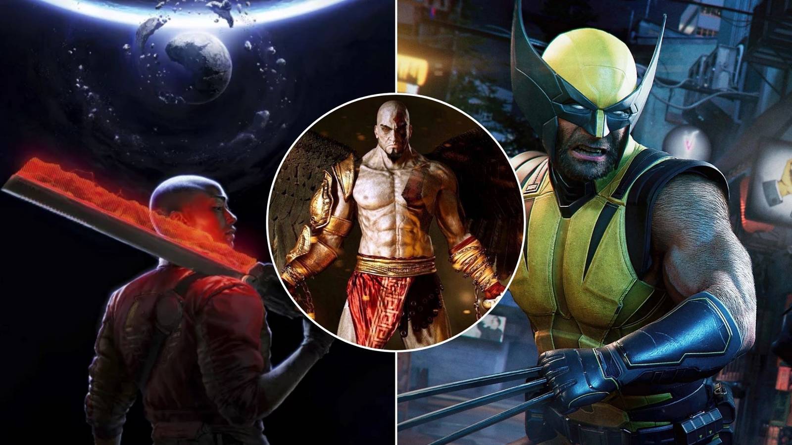 A collage of three upcoming video games that are going to be exclusive to the PS5: Intergalactic: The Heretic Prophet, God of War Trilogy Remake and Marvel's Wolverine. 