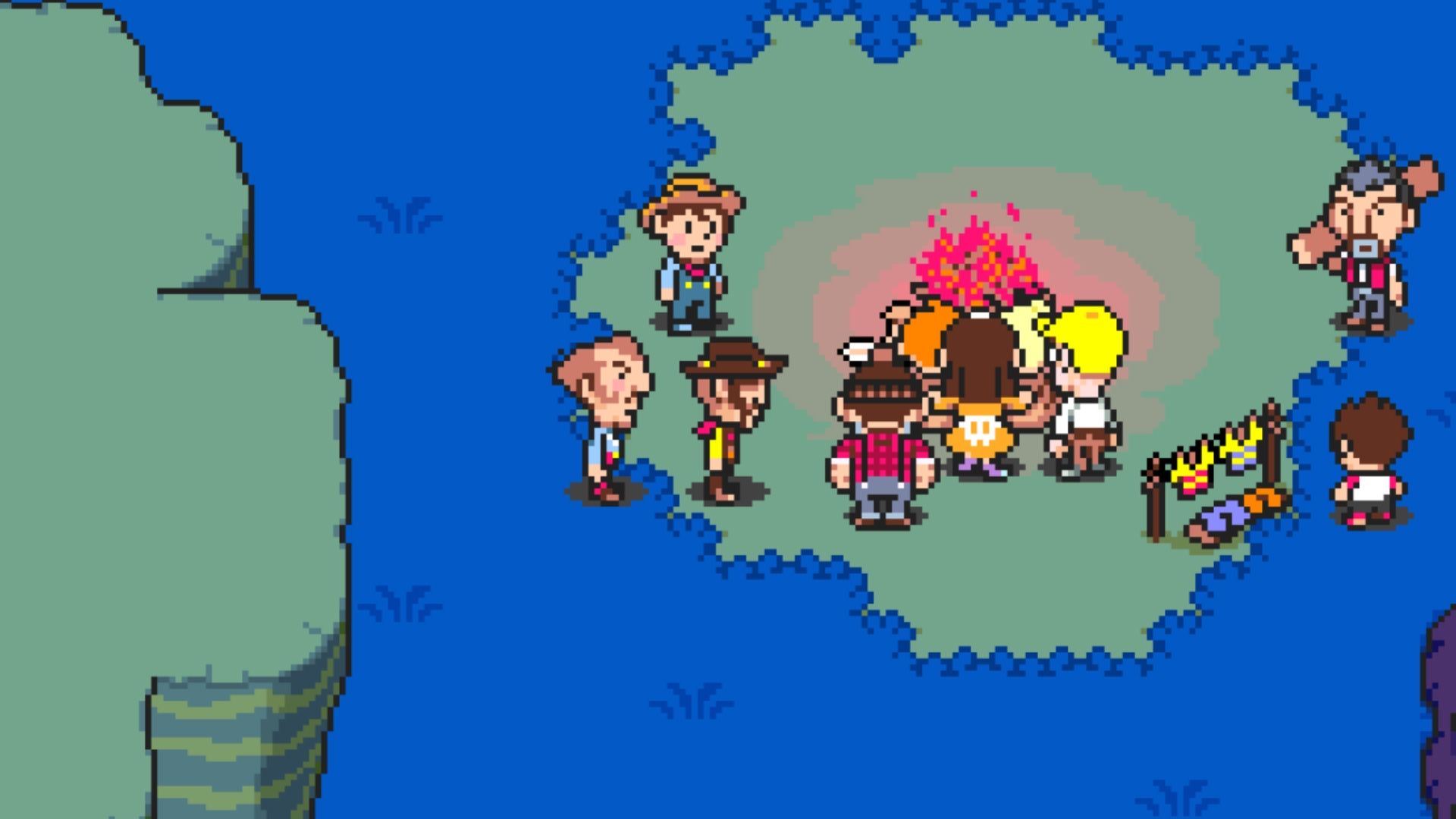 A scene featuring characters by a fire in Mother 3 (2006)