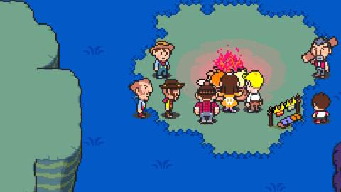 A scene featuring characters by a fire in Mother 3 (2006)