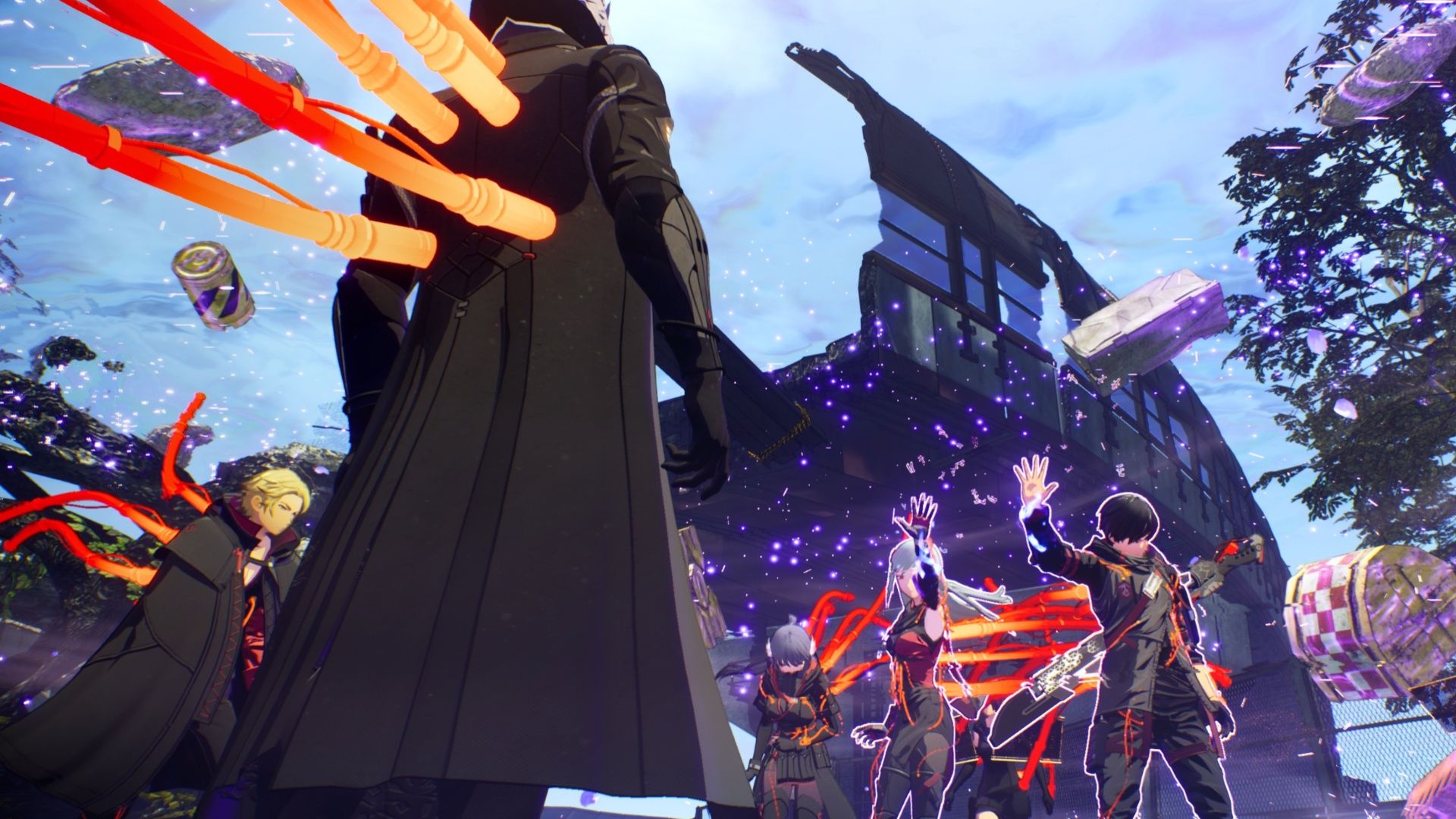 A scene featuring characters confronting Karen in Scarlet Nexus