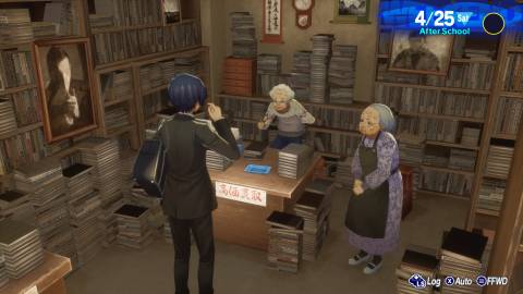 A scene featuring characters talking in a book shop in Persona 3 Reload (2021)