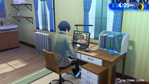 A scene featuring Makoto playing a game in Persona 3 Reload (2021)