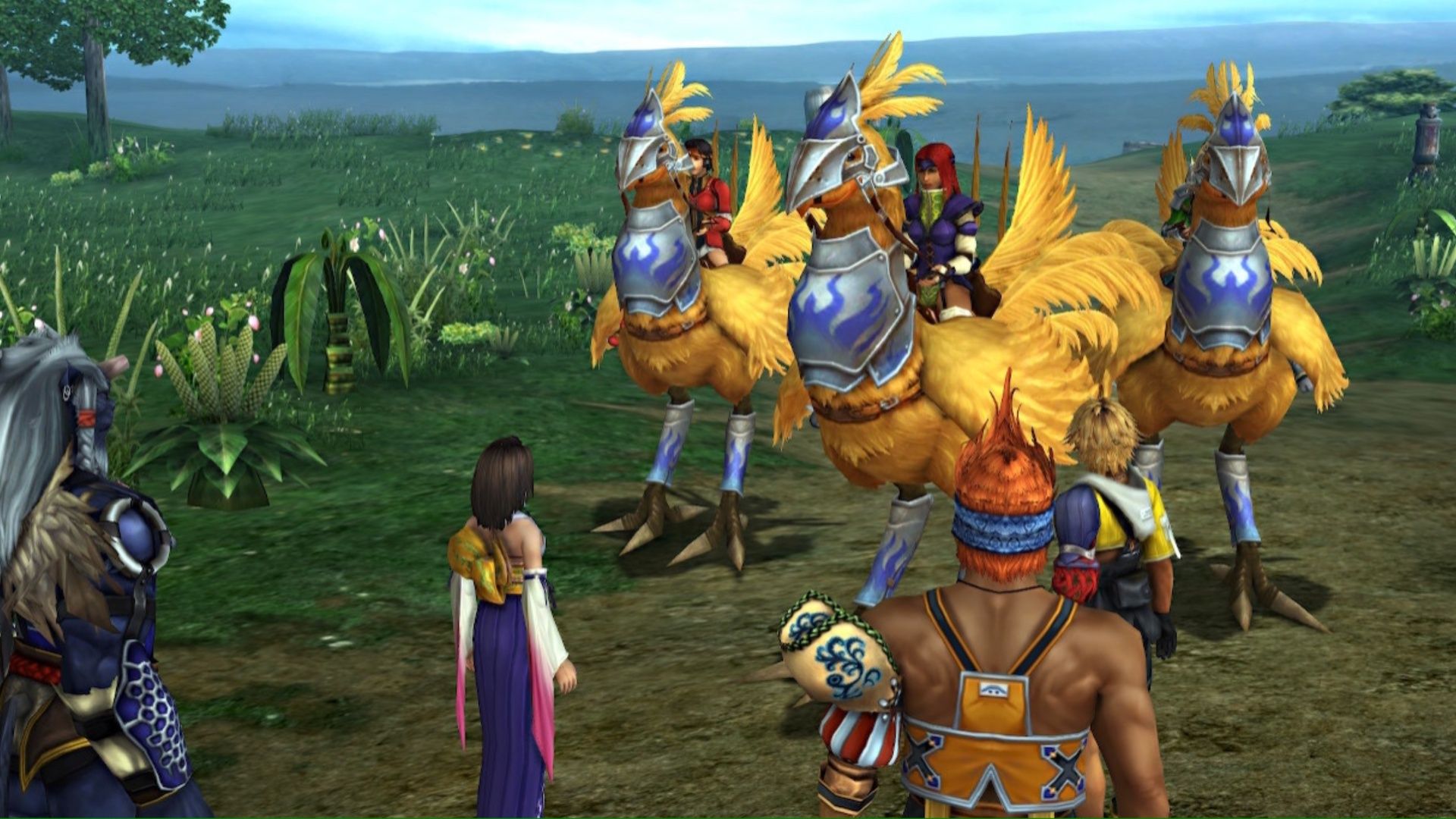A scene featuring the party meeting Chocobo Knights in Final Fantasy 10 (2001)