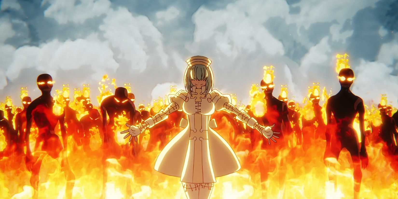 A white-clad cultist with infernals behind her.