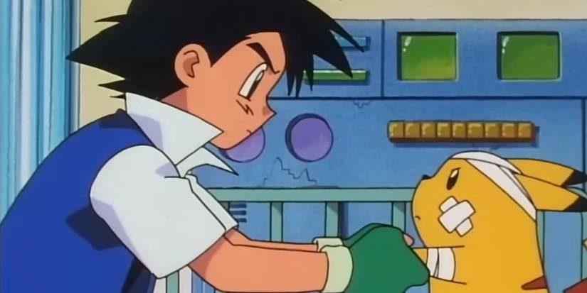 Ash and Pikachu support each other as Pikachu recovers at the Pokémon Center.