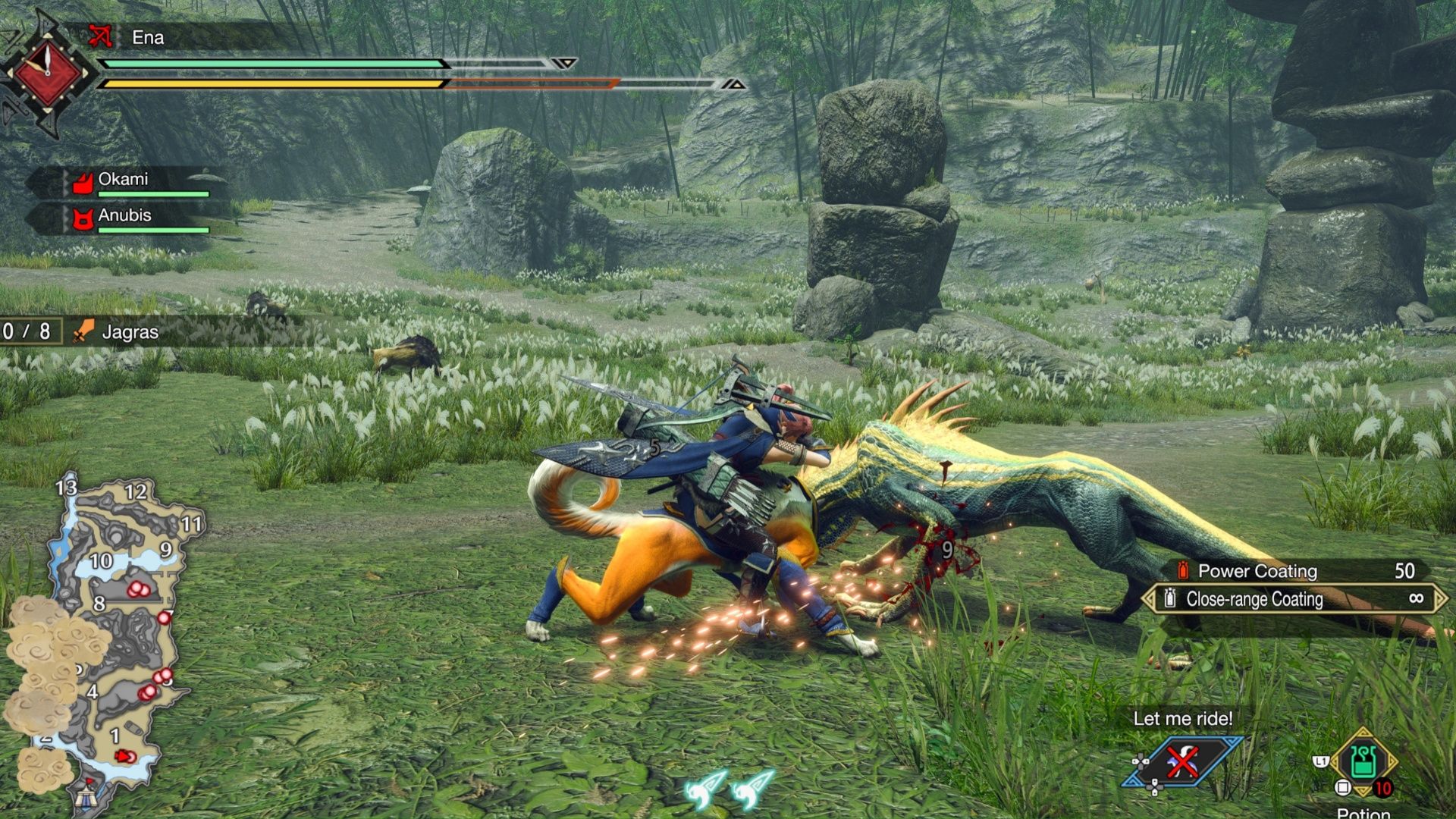 Attacking a monster on a Palamute in Monster Hunter Rise (2021)